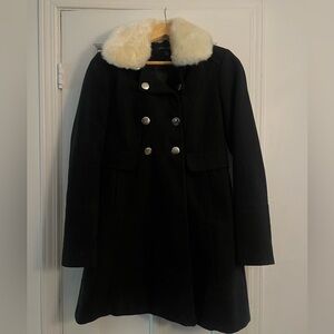 Black Double-Breasted Fall Coat with Faux Fur Collar
